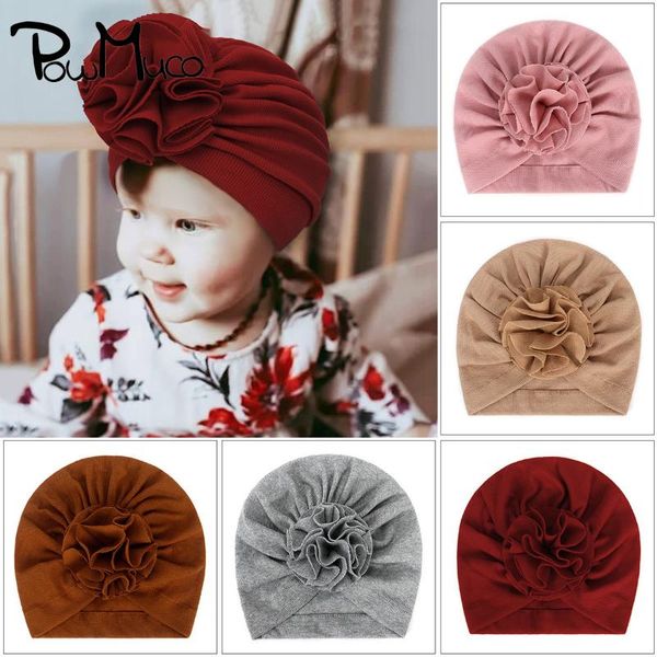 

powmuco 19*17 cm cotton newborn hats solid color handmade flower baby girls caps winter warm headwear birthday gift