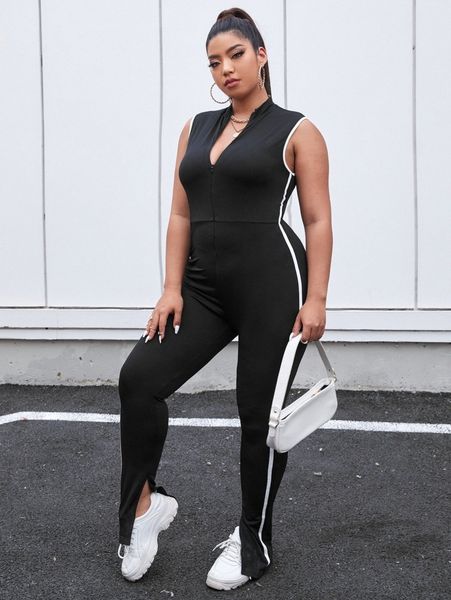 

plus zip up contrast binding split hem jumpsuit i8dt#, Black