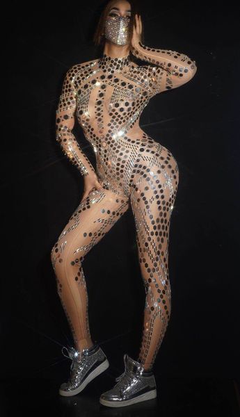 

silver sequins mirror nude jumpsuit long sleeve lady singer dancer nightclub bar outfit show performance leotard dance costume, Black;red