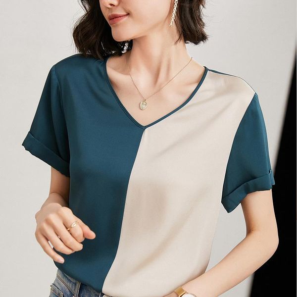 

women's t-shirt shzq mulberry silk jacket v-neck short sleeves in summer join together, White