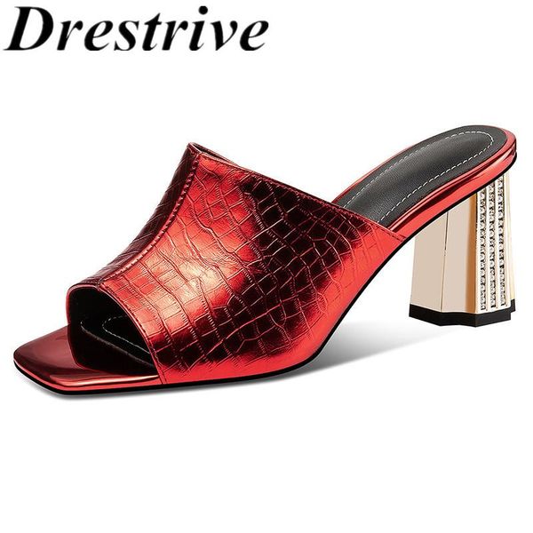 

drestrive women sandals cow leather square peep toe red 2021 summer thick high heel shoes crystal fashion slippers outside, Black
