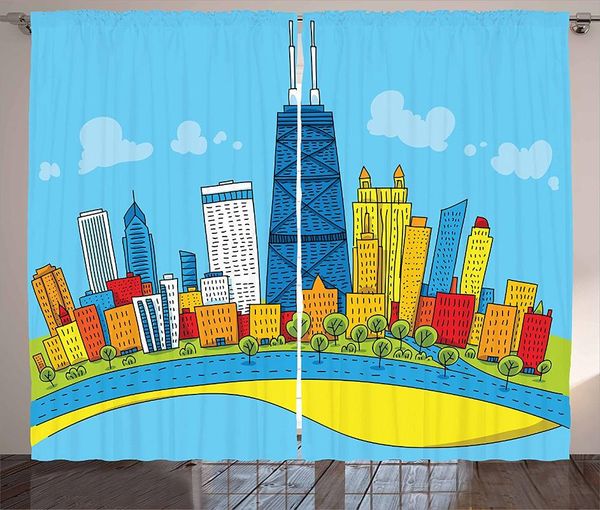 

curtain & drapes chicago skyline curtains cute cartoon style childish city view with colorful buildings caricature window for kids room