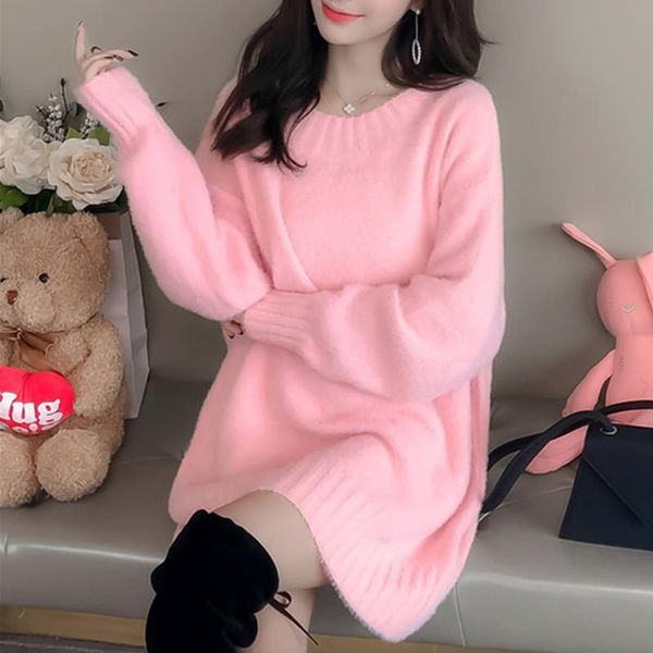 

women's sweaters 2021 autumn winter korean fashion hedging sweater woman mid-length loose round long sleeve neck retro knitting female, White;black