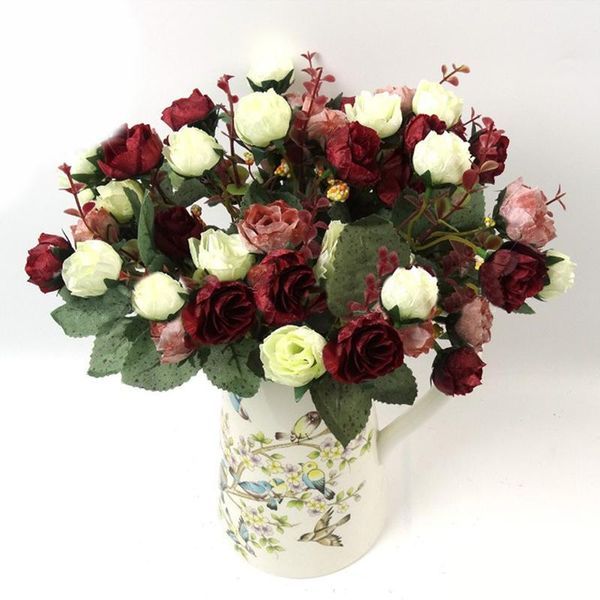 

21 heads silk rose artificial flowers bunch in vase bouquet wedding home party