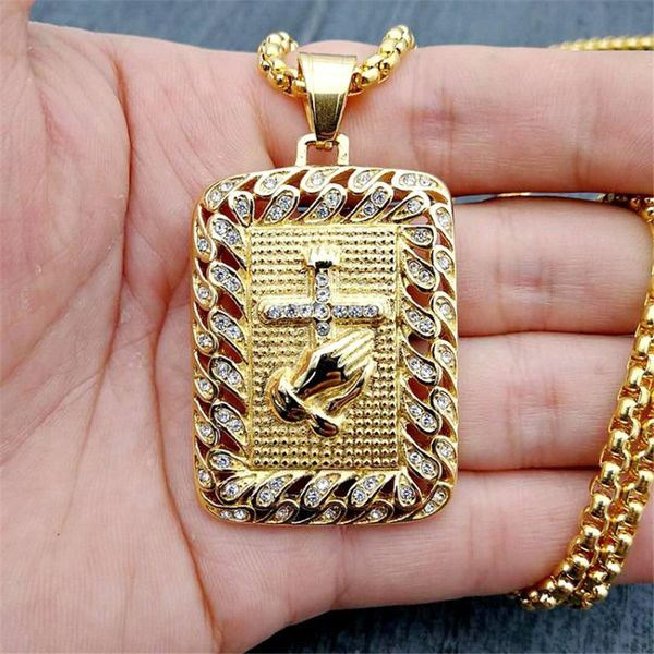 

chains religious square praying hands cross pendant necklace for women/men gold color stainless steel christian necklaces male jewelry, Silver