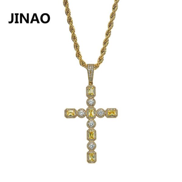 

pendant necklaces jinao iced out colorful prong set cross necklace with tennis chain mens charm cz chains hip hop jewelry, Silver