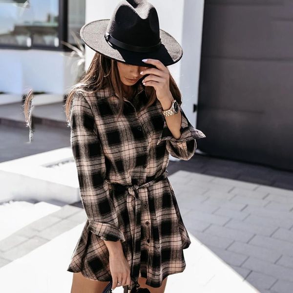 

casual dresses 2021 fall winter fashion lapel long sleeve women dress plaid print single-breasted lace up loose plus size short, Black;gray