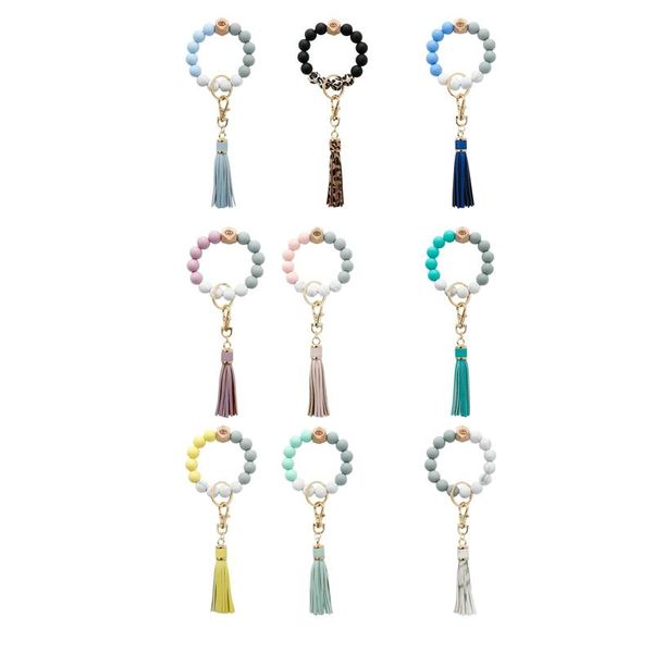 

keychains silicone wristlet keychain bracelet car beaded key ring tassel bangle for women, Silver