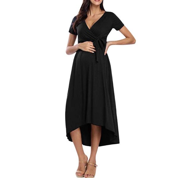 

maternity dresses summer pregnancy clothes dress women's solid v-neck pregnanty short sleeve lrregularity bandage, White