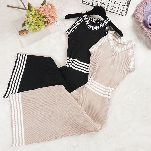 

2021 new summer autumn women spaghetti strap halter es sleeveless long knitted female bodycon slim tank vestidos s199 ikok, Black;gray