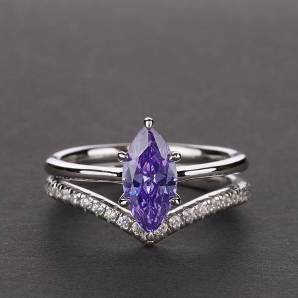 

cluster rings 100% authentic 925 sterling silver 5*10mm mariquesa shape amethyst for women wedding anniversary gemstone ring, Golden;silver