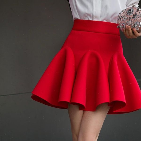 

high waist pleat elegant skirt red black white mini flared skirts fashion women faldas saia 2xl plus size ladies jupe 0222 69