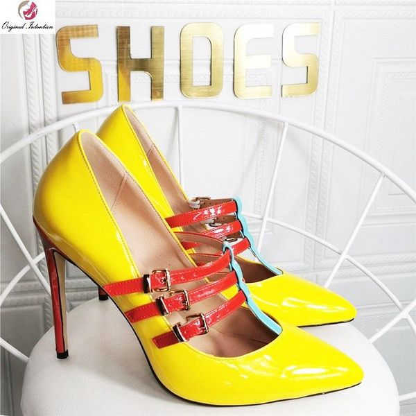 

dress shoes shallow metal buckle women pumps yellow red mixed colors patent leather pointed toe ladies high heels woman sandals, Black