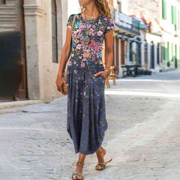 

elegant women maxi dress 2021 summer o neck short sleeve sundress office lady party dress female print a-line long dress vestido x0521, Black;gray