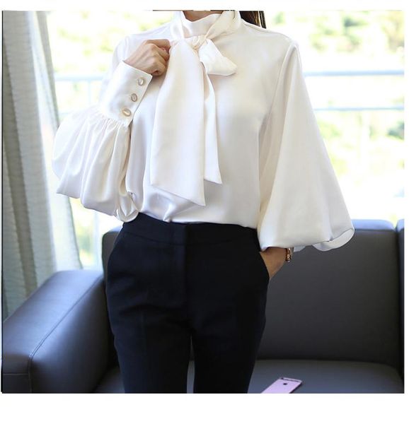 

women's blouses & shirts women fashion bowtie collar lantern sleeve silky shirt ladies puff satin blouse blusa chemise 2021, White