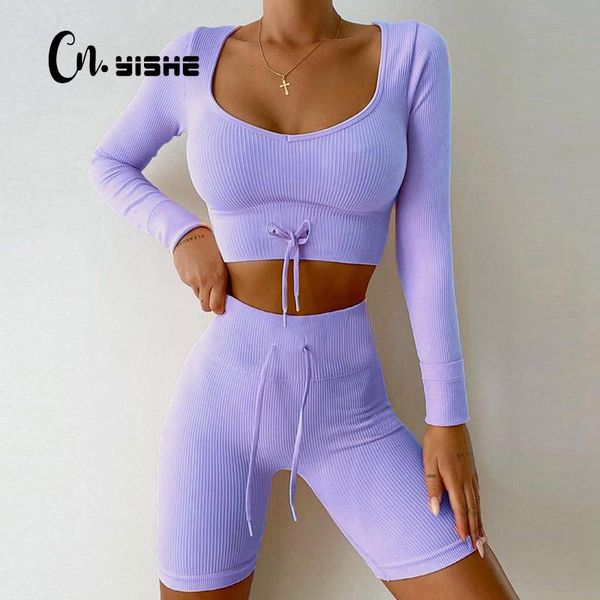 

women's tracksuits cnyishe two piece women sets square collar long sleeve crop biker shorts matching set drawstring suit sport female t, Gray