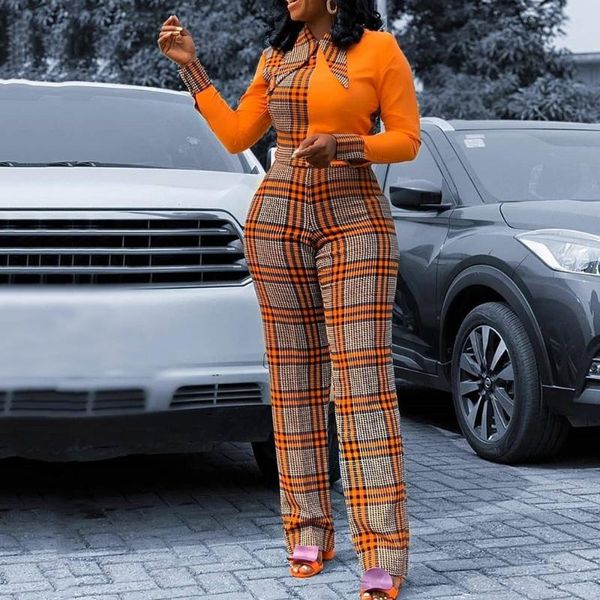 

vintage women long jumpsuit rompers plaid color block 2021 elegant office fashion ladies plus size high waist jumpsuits, Black;white