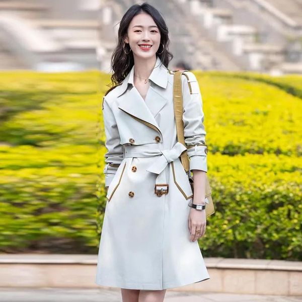 

women's trench coats high-end atmospheric windbreaker spring and autumn fashion clothing british temperament mid-length jacket, Tan;black