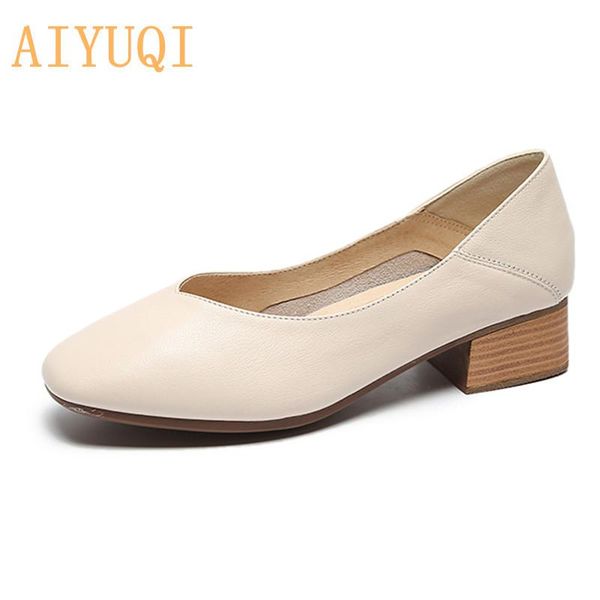 

dress shoes aiyuqi single female square head 2021 spring genuine leather women shallow mouth simple loafers, Black