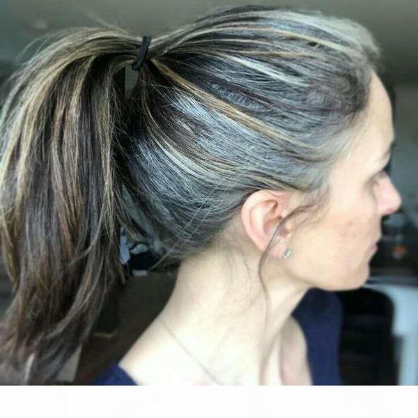 

gergeous natural highlights pony tail salt and pepper silver grey ponytail hair extension grey human hair ponytail drawstring wraps two tone, Black