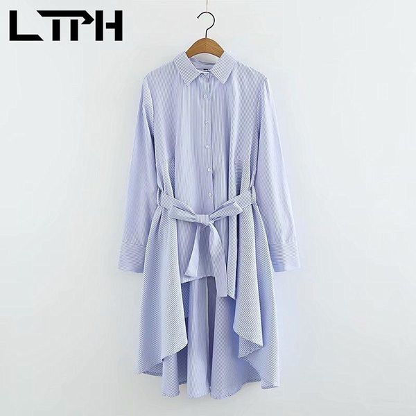 

casual dresses ltph single breasted striped shirt dress women irregular high waist sashes slim mid-length elegant 2021spring autumn, Black;gray