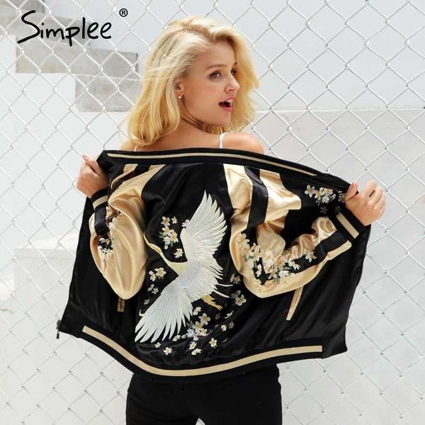 

simplee vintage embroidery basic jacket coat autumn street satin bomber jacket women reversible baseball jackets sukajan y190826, Black;brown