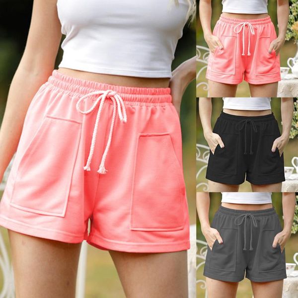 

running shorts summer jogger short pants loose solid color women sportswear casual elastic waist pocket beach sport, Black;blue