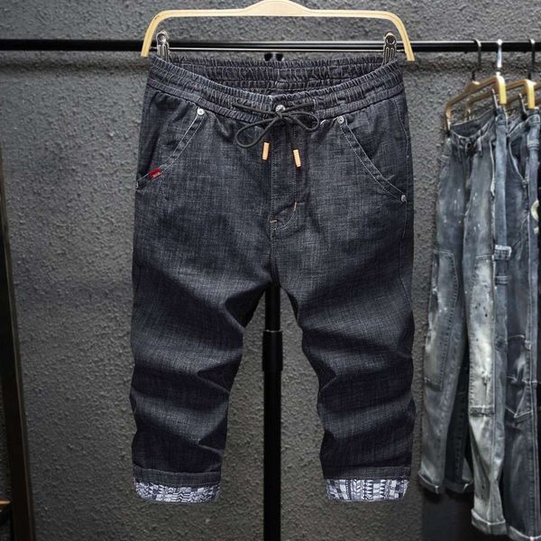 

2021denim shorts men's summer fashion brand thin black grey straight tube loose waist tight drawstring pants capris, Blue