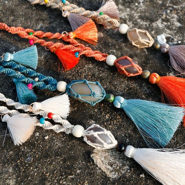 

pendant necklaces 1pcs fashion bohemian tribal jewelry natural stones long knotted moon stone tassel women necklace dropship, Silver