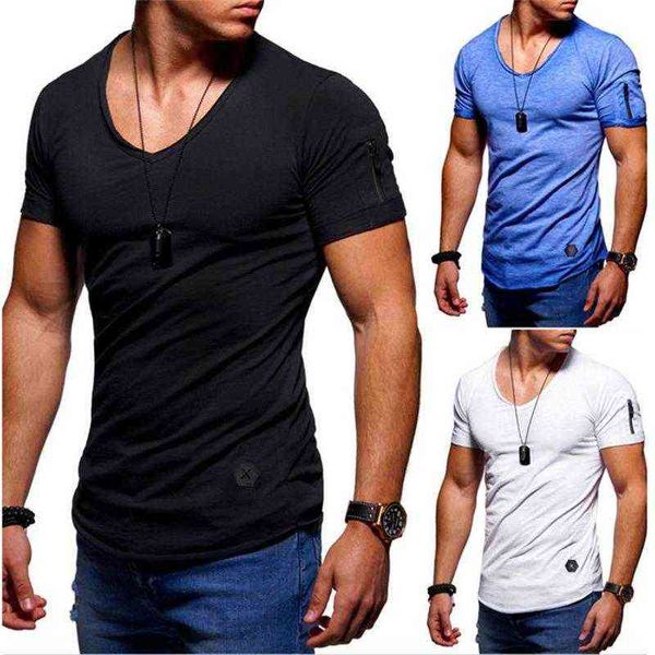 Zipper Sleeve Camiseta Homens Tops Tees V Neck Manga Curta Slim Fit T-shirt Homens Casual Verão Tshirts Camisetas Plus Size S-5XL Y220214