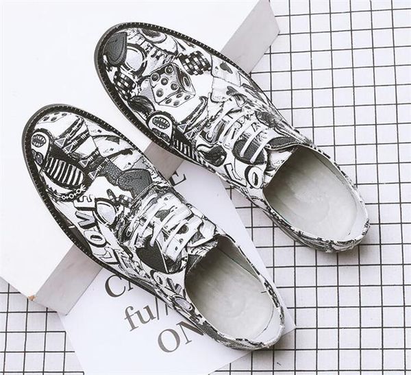 

dress shoes summer lace-up men's british printing graffiti all match youth increased casual leather men, Black