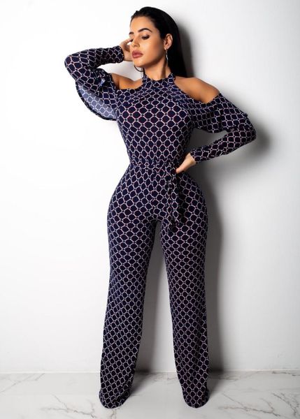 

women's jumpsuits & rompers plus size plaid print off the shoulder ruffles full sleeve party romper elegant sashes wide leg pants smr90, Black;white