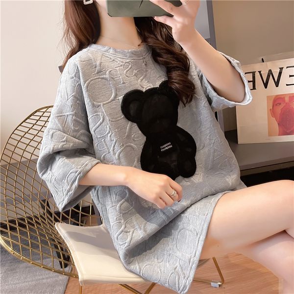 

2021 cotton mid-length loose short-sleeved spring and summer new college style patch art bear t-shirt ygty, White
