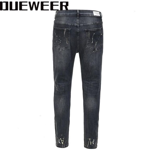 

dueweer swag washed destroyed jean streetwear knee hole biker jeans men trend fashion splash ink skinny jeans pants for men, Blue