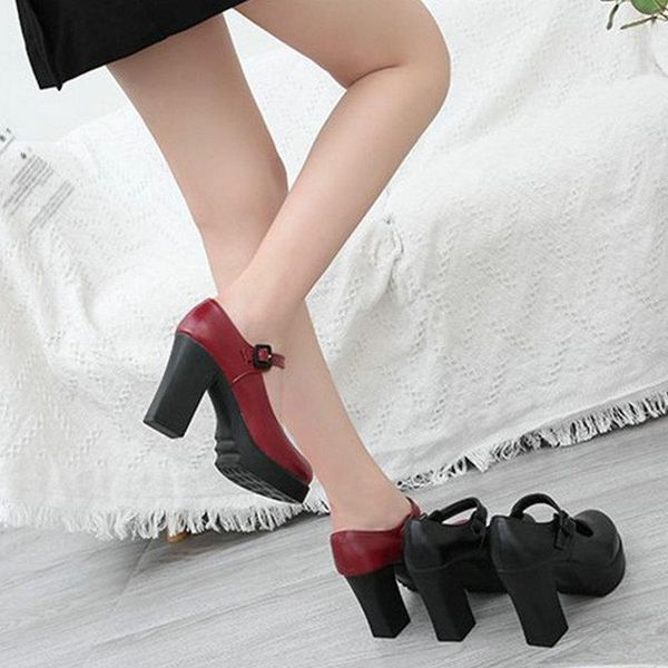 

dress shoes girl's high-heeled round-toe japanese-style rhick-heeled solid color buckle lolita style platform, Black