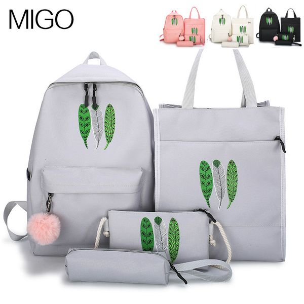 

backpack women's korean fashion leaf print large capacity outdoor student bag computer four piece set