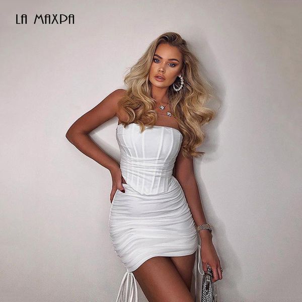 

two piece dress summer women's tube with thin shoulder straps umbilical + ruffled mini skirt party nightclub two-piece suit, White