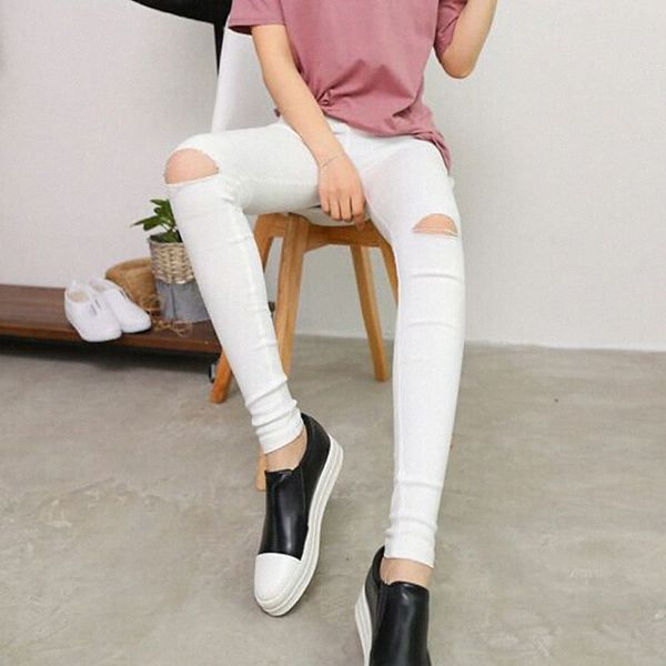 

women's basic streetwear skinny leggings stylish cut out ripped full length pants daily going out stretchy solid colored cotton comfort, Black;white