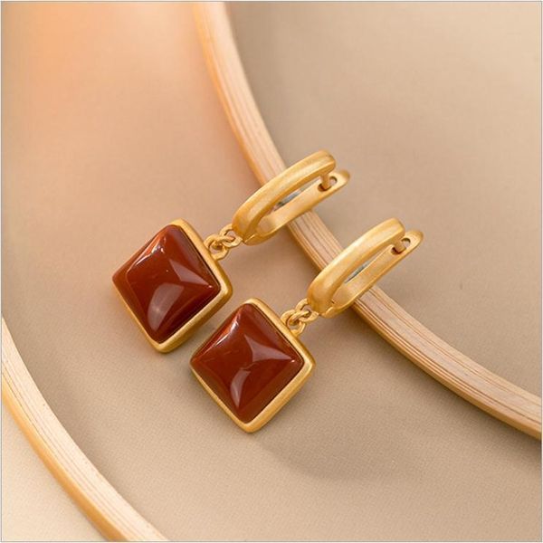 

dangle & chandelier natural south red chalcedony geometric square earrings chinese style retro unique ancient gold craft charm women's, Silver
