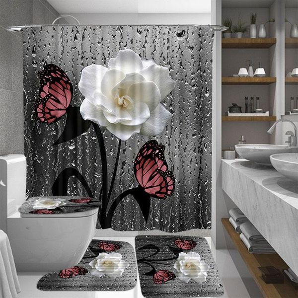 

shower curtains 3d butterfly flower scenery waterproof curtain bathroom landscape trees bath mat set pedestal rug lid toilet cover