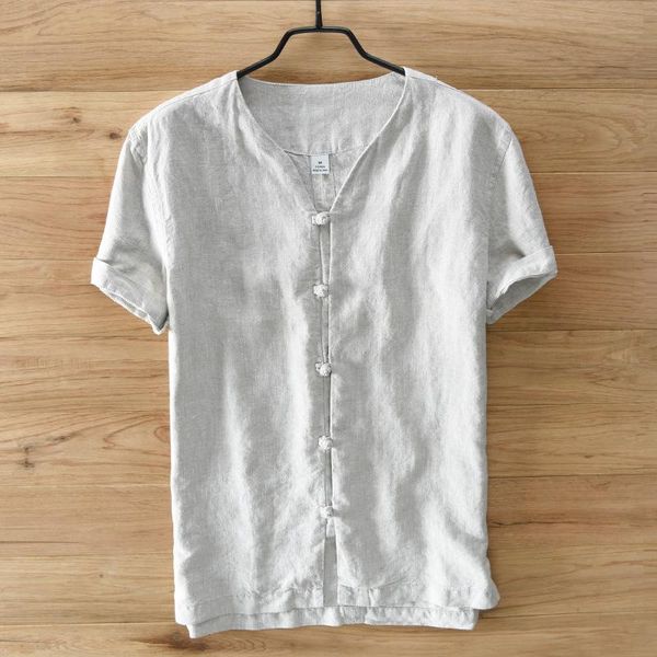 

men's casual shirts vintage chinese button short sleeve v-neck solid color linen loose soft comfortable summer autumn clothing, White;black