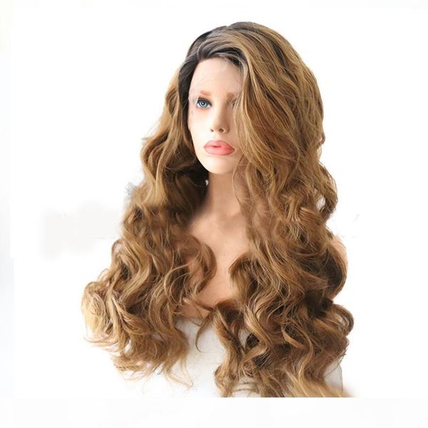 

no bad smell chemical fiber front lace wig cross-border net red mixed color brown big wave half hand hook half mechanism chemical fiber head, Black