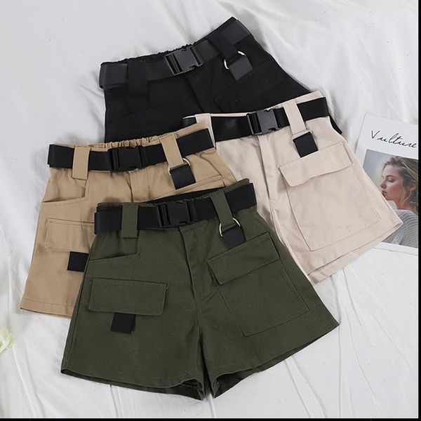 

european and american casual high waist overalls women loose thin multi pocket shorts military straight belt blanc culotte, White;black