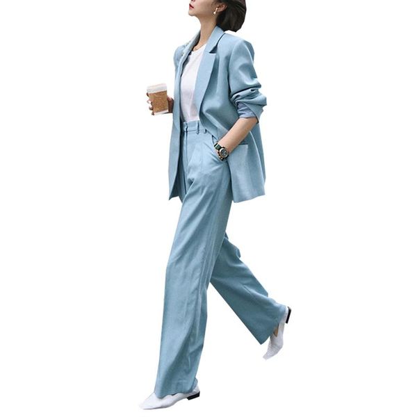 

women's two piece pants sky blue blazer 2 set women elegant suit female career office suits loose casual jacket trousers, White