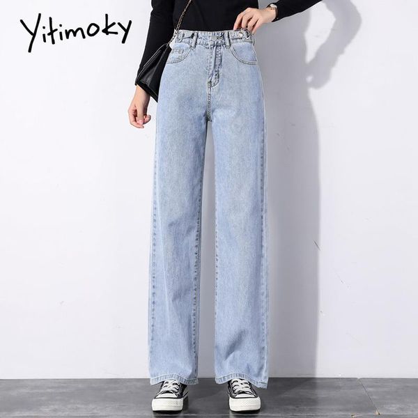 

women's jeans yitimoky high waist woman wide leg pants denim lace up sashes full length bottom clothes vintage streetwear 2021 spring, Blue