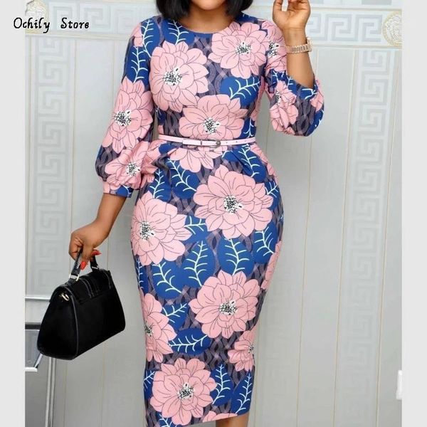 

casual dresses women bodycon printed dress three quarter sleeves midi office ladies work wear elegant classy vestidos african female plus si, Black;gray
