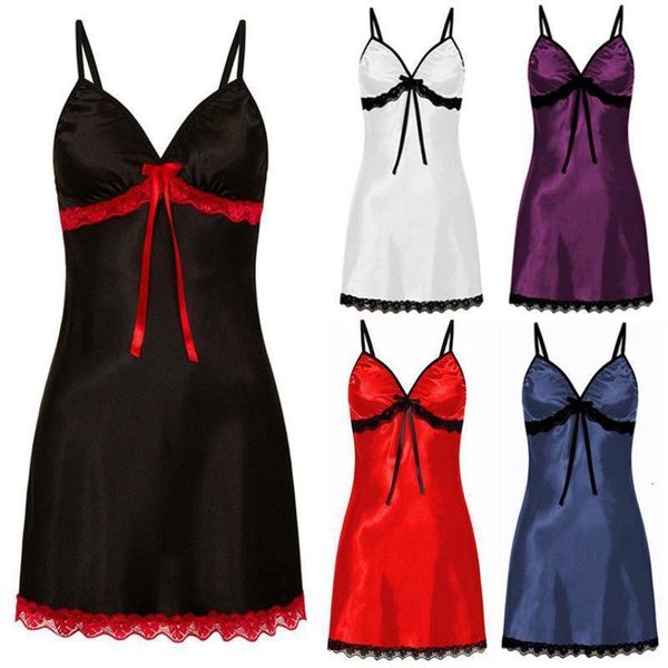 

satin sleepwear women's lace v neck strappy dress underwear babydoll nightgowns plus size xxxl lingerie, Black;red