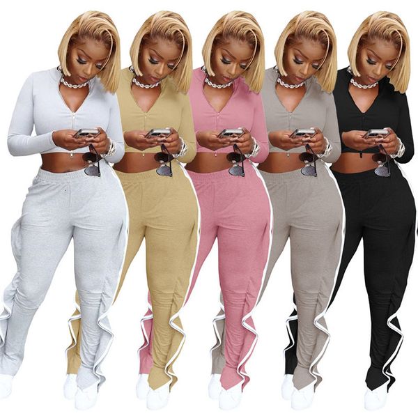 

2021 new two piece women outfits fall clothing sweatsuit zip ruffles sweatpants tracksuit matching set wholesale dropshipping 4qpe, Gray