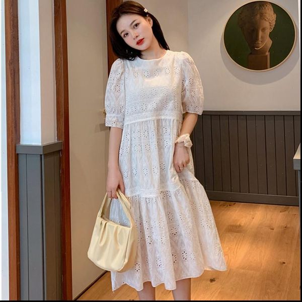 

2021 new fashion korean chic summer hollow out embroidery dress female short sleeve loose oversize elegant lace dress vestidos, Black;gray