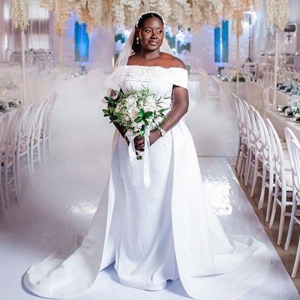 

african overskirts mermaid wedding dress plus size off shoulder satin bridal gowns vestidos de novia with lace appliques, White